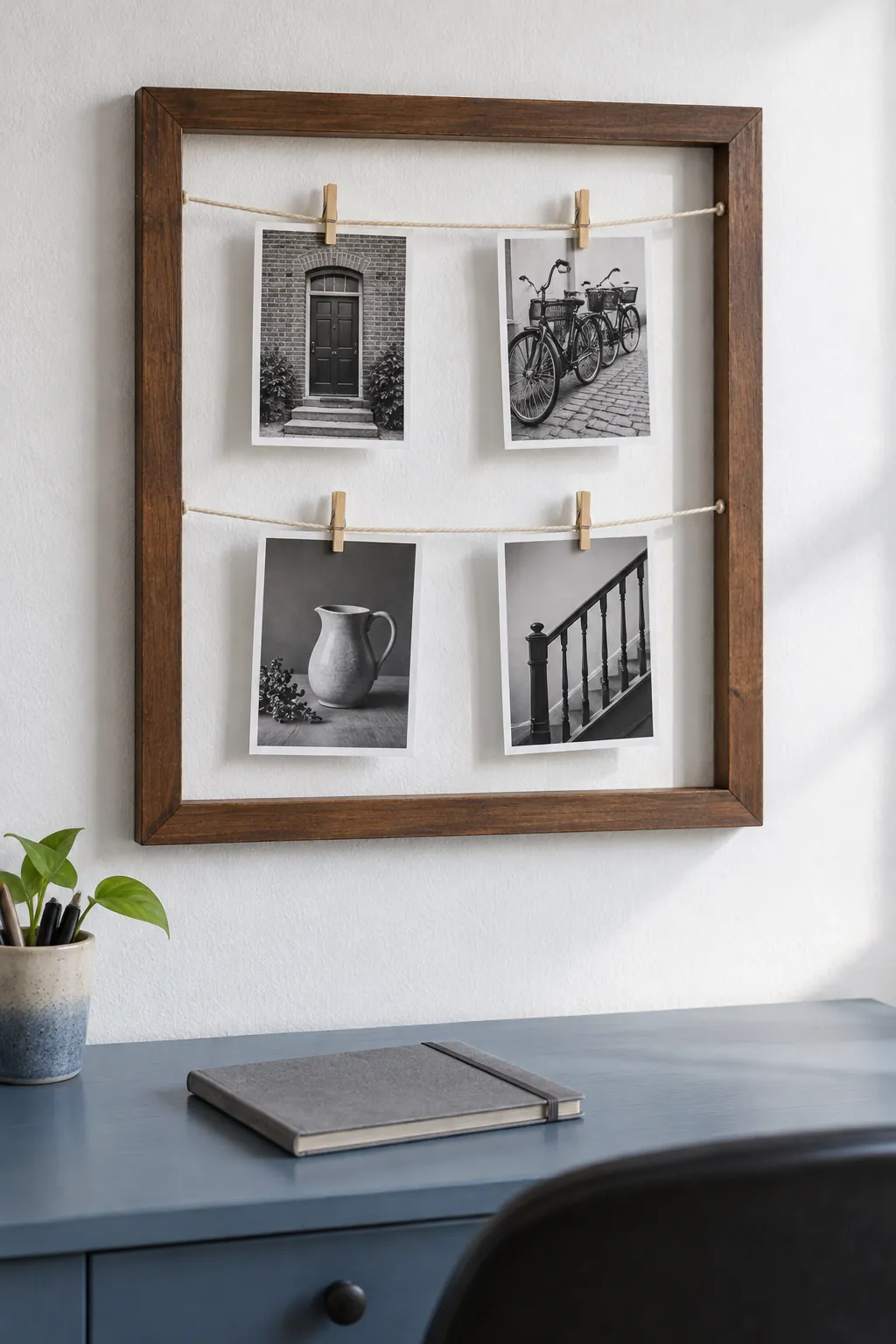 Open wooden frame with photographs clipped to two cords
