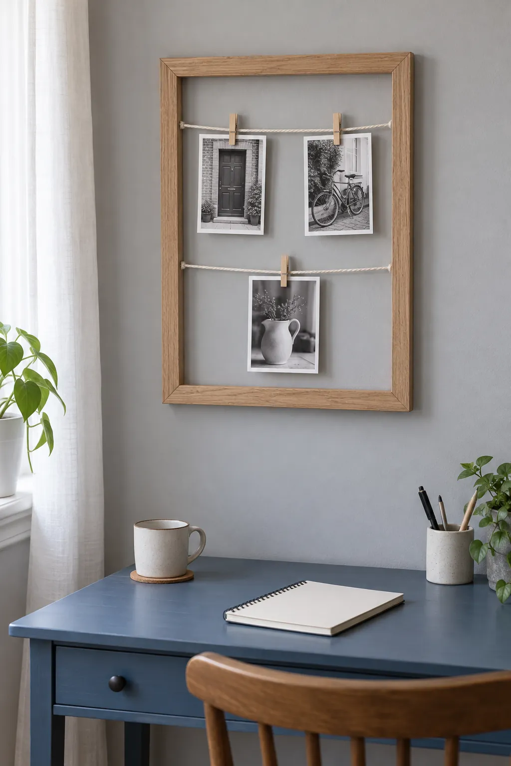 Glassless picture frame repurposed as a clipped photo display above a home desk