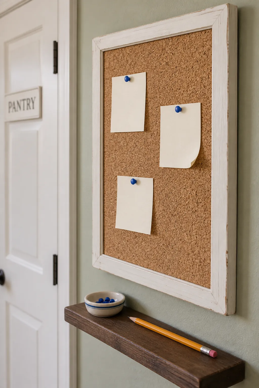 Old frame fitted with a cork panel and blank paper notes