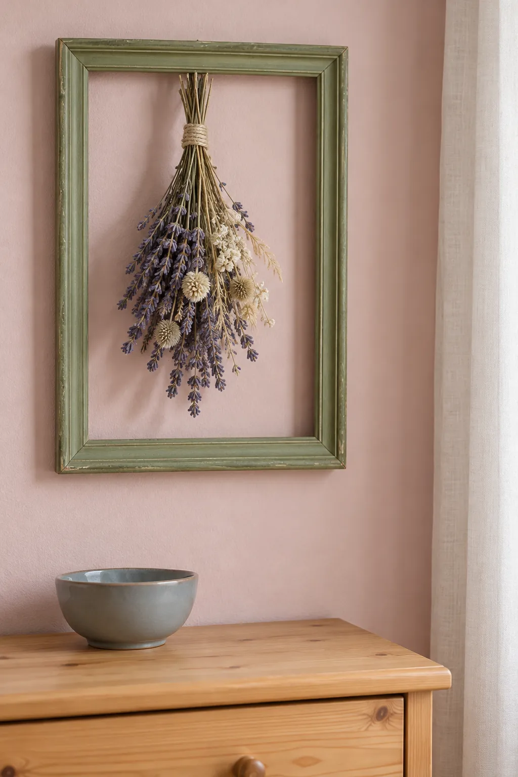 Small dried flower bunch suspended inside an empty frame