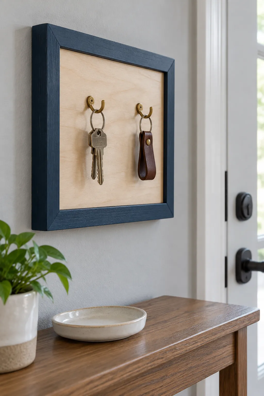 Solid backed frame holding two light key rings on screw hooks