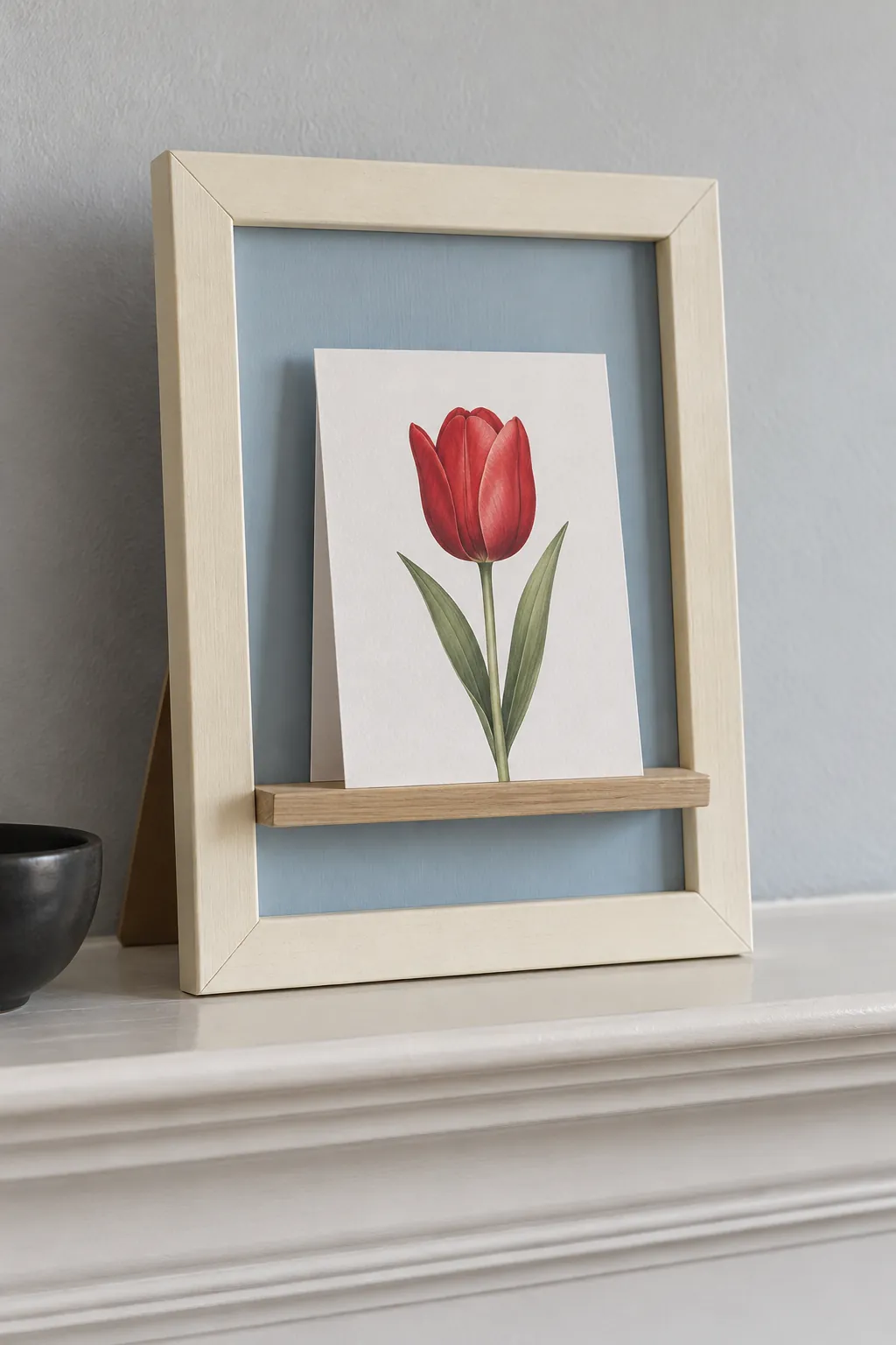 Glassless frame with a small lower ledge displaying a greeting card