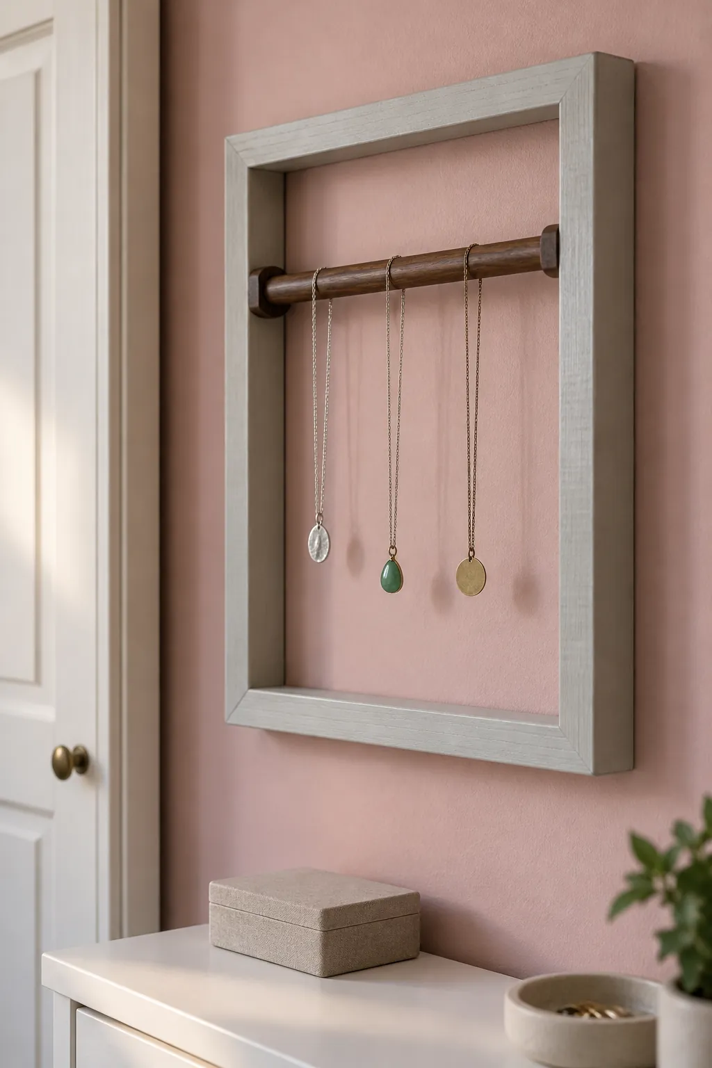 Open frame with a short fitted bar holding light necklaces