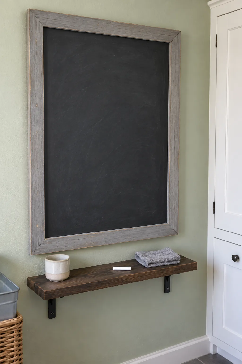 Old wooden frame containing a blank matte chalkboard panel