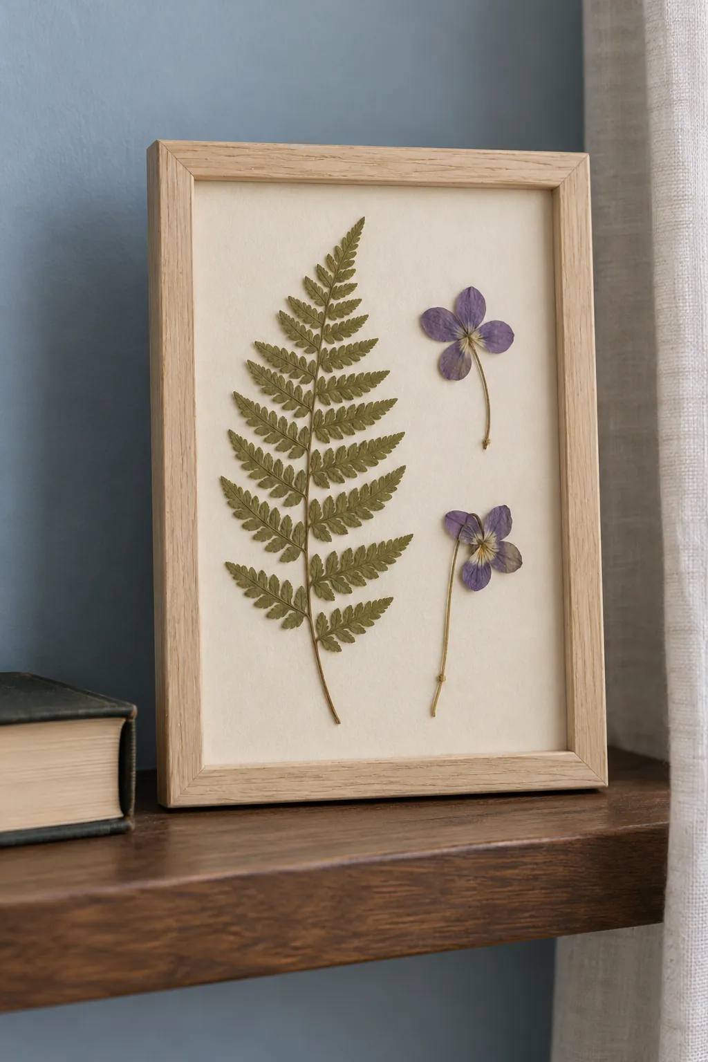 Pressed botanical specimens mounted on card inside a glassless frame