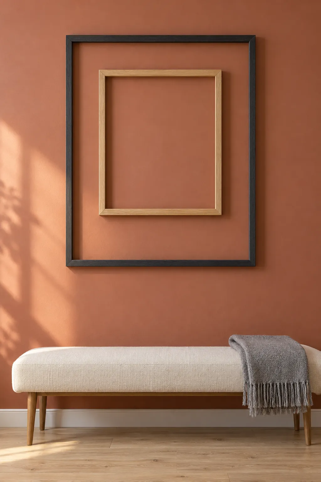 Two different sized empty frames nested on a plain wall