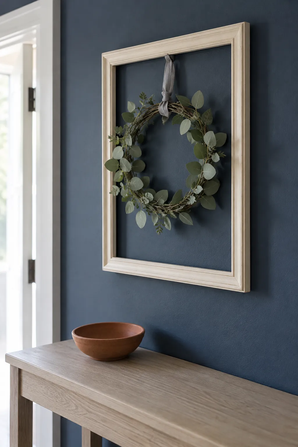 Small lightweight wreath suspended within an empty frame