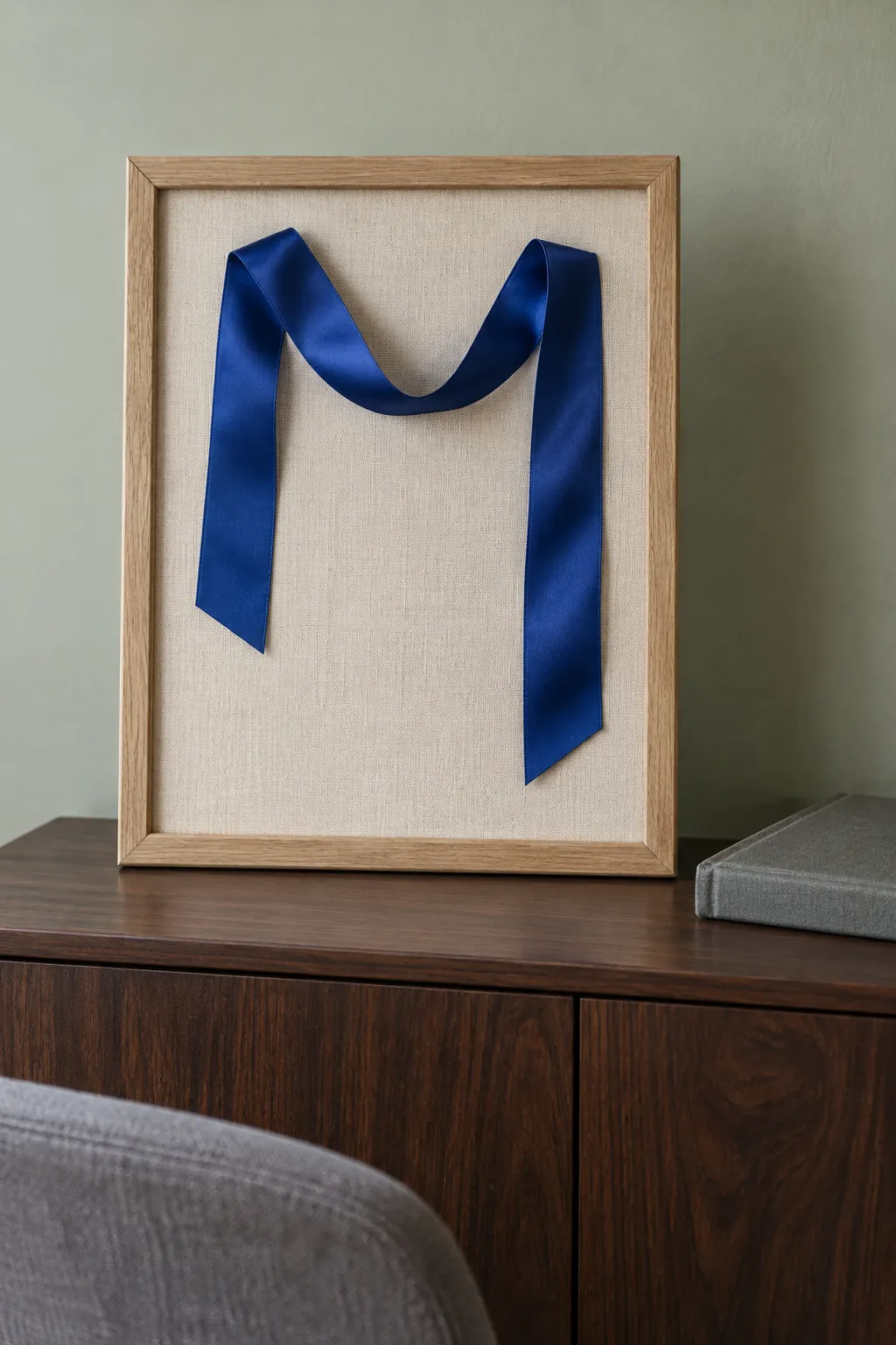 A meaningful ribbon arranged on a backed frame panel