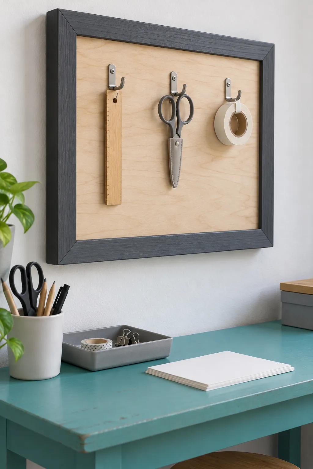 Frame with a solid backing holding a few light craft tools