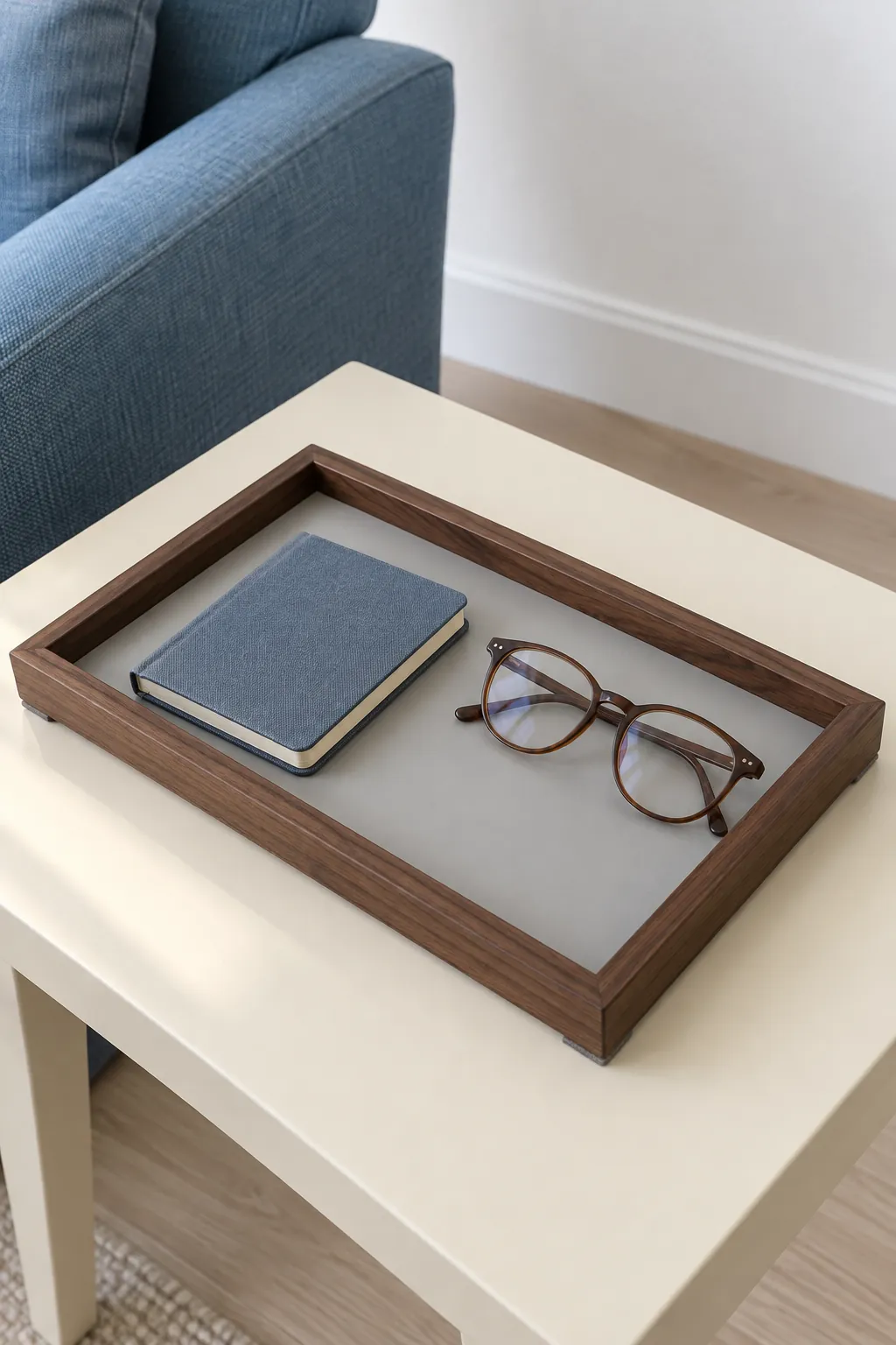 Old frame fitted with a solid base and used as a decorative catchall