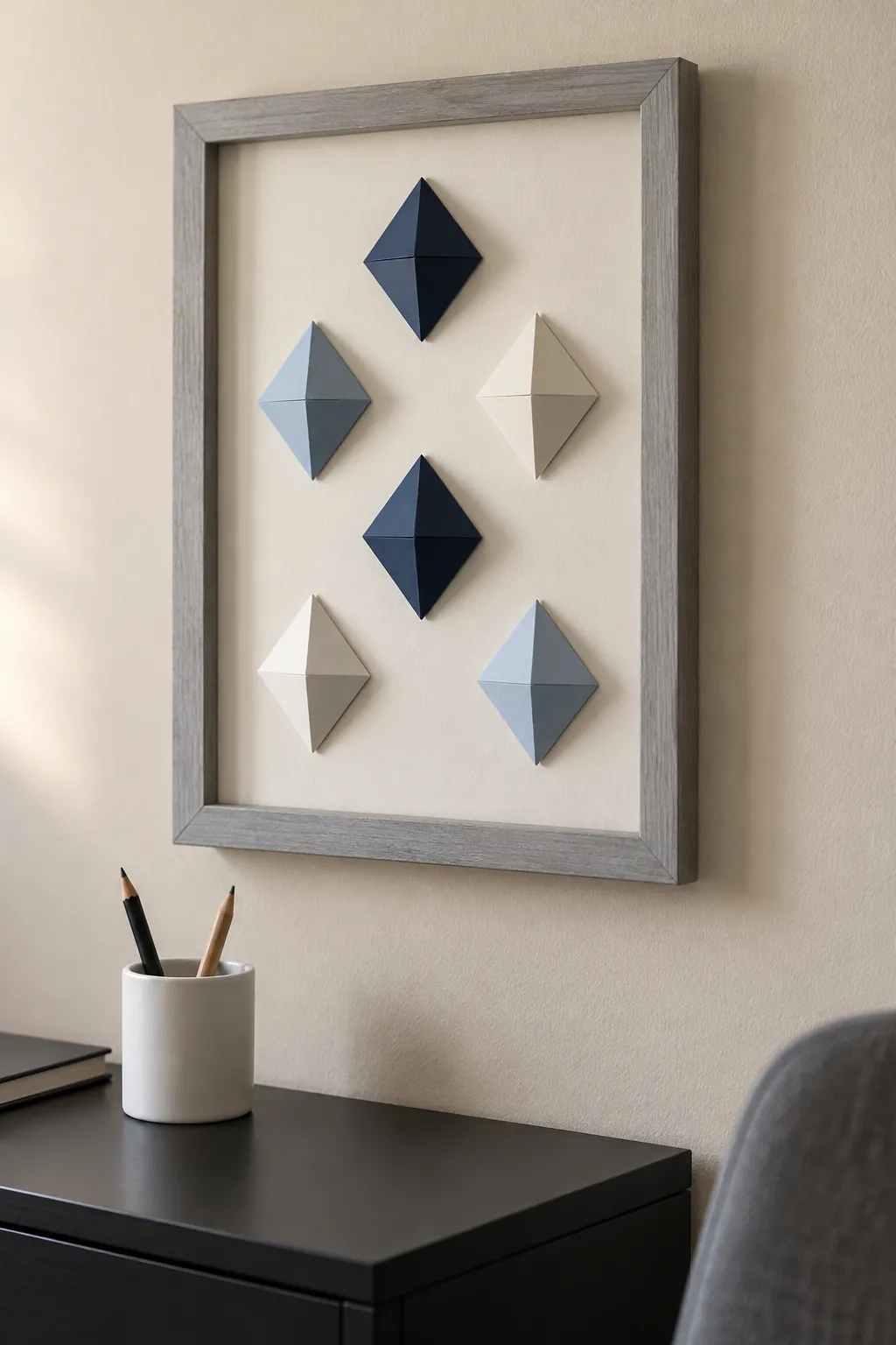 Folded geometric paper shapes displayed in an open backed frame