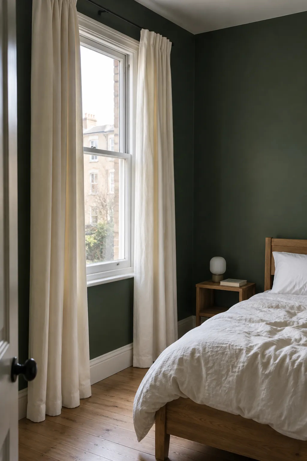 Cream curtains in a forest green bedroom