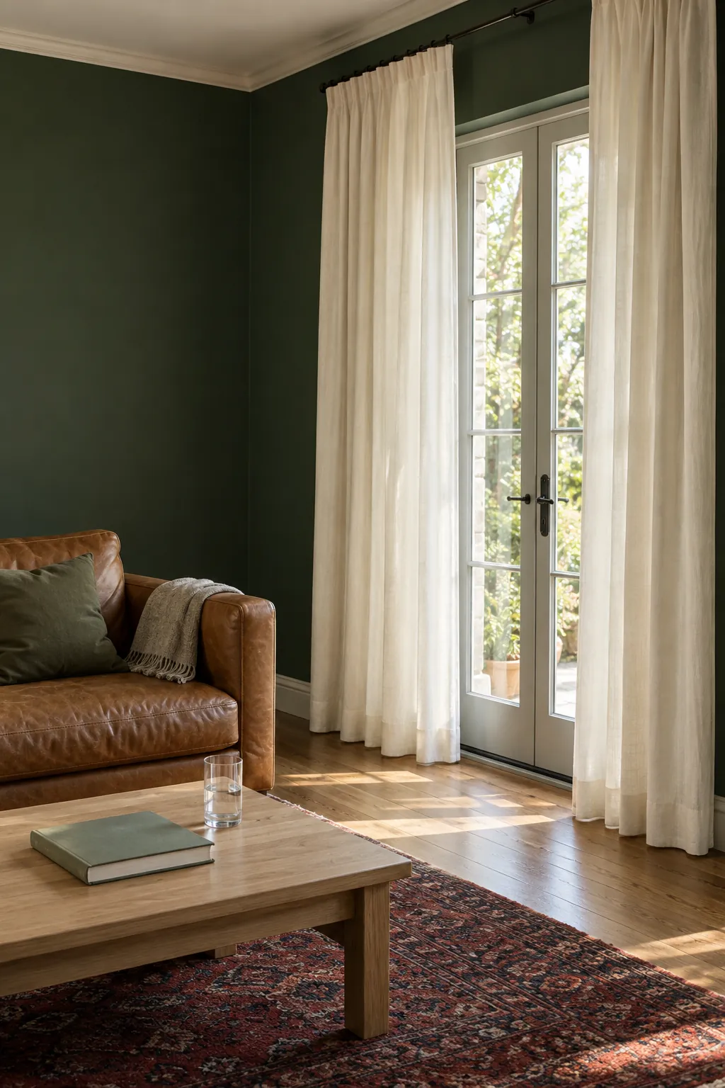 Ivory curtains beside dark green living room walls