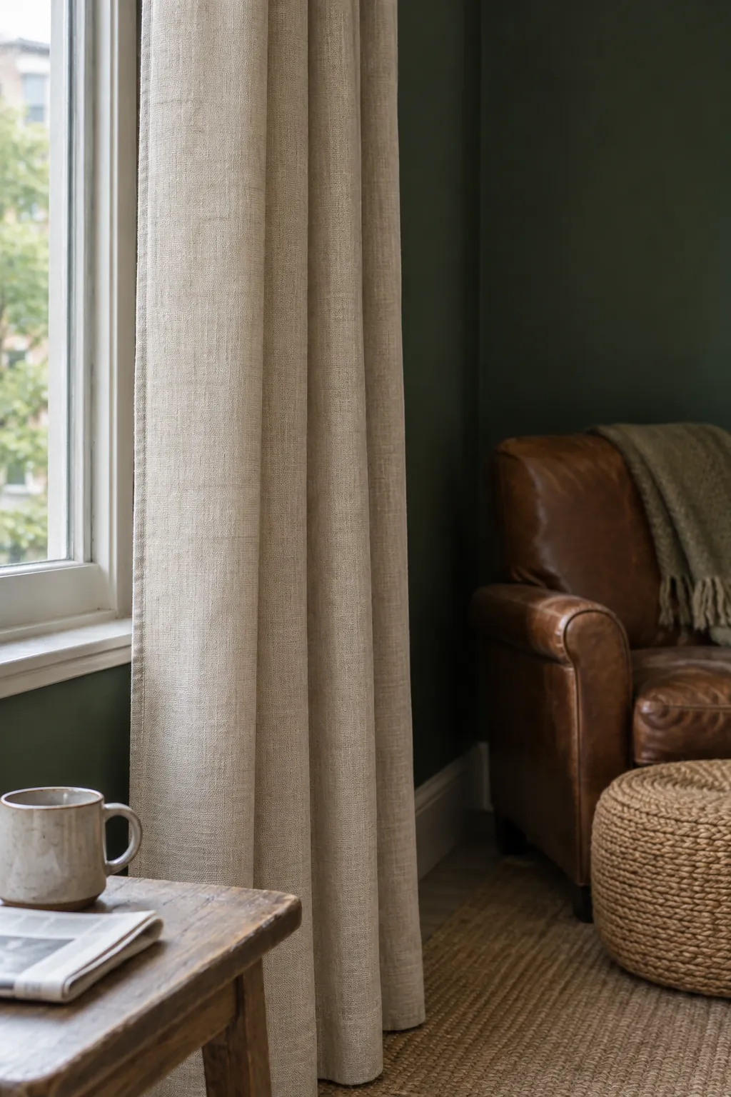 Oatmeal linen in a dark green sitting room