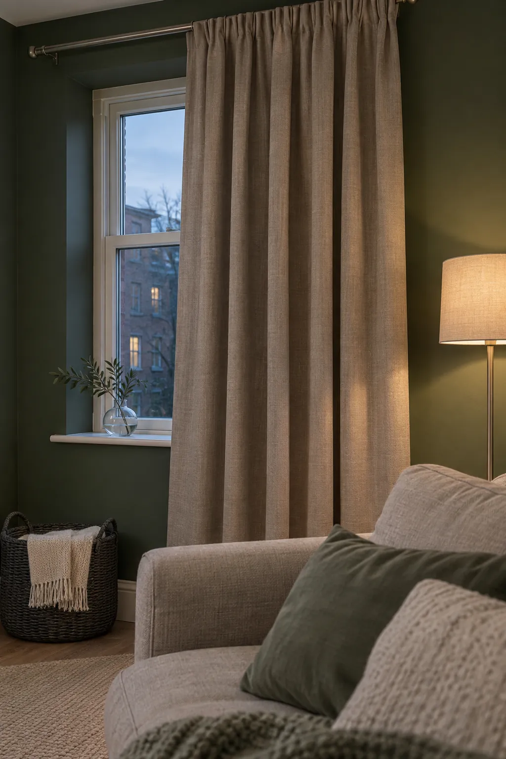 Warm taupe in a narrow green lounge
