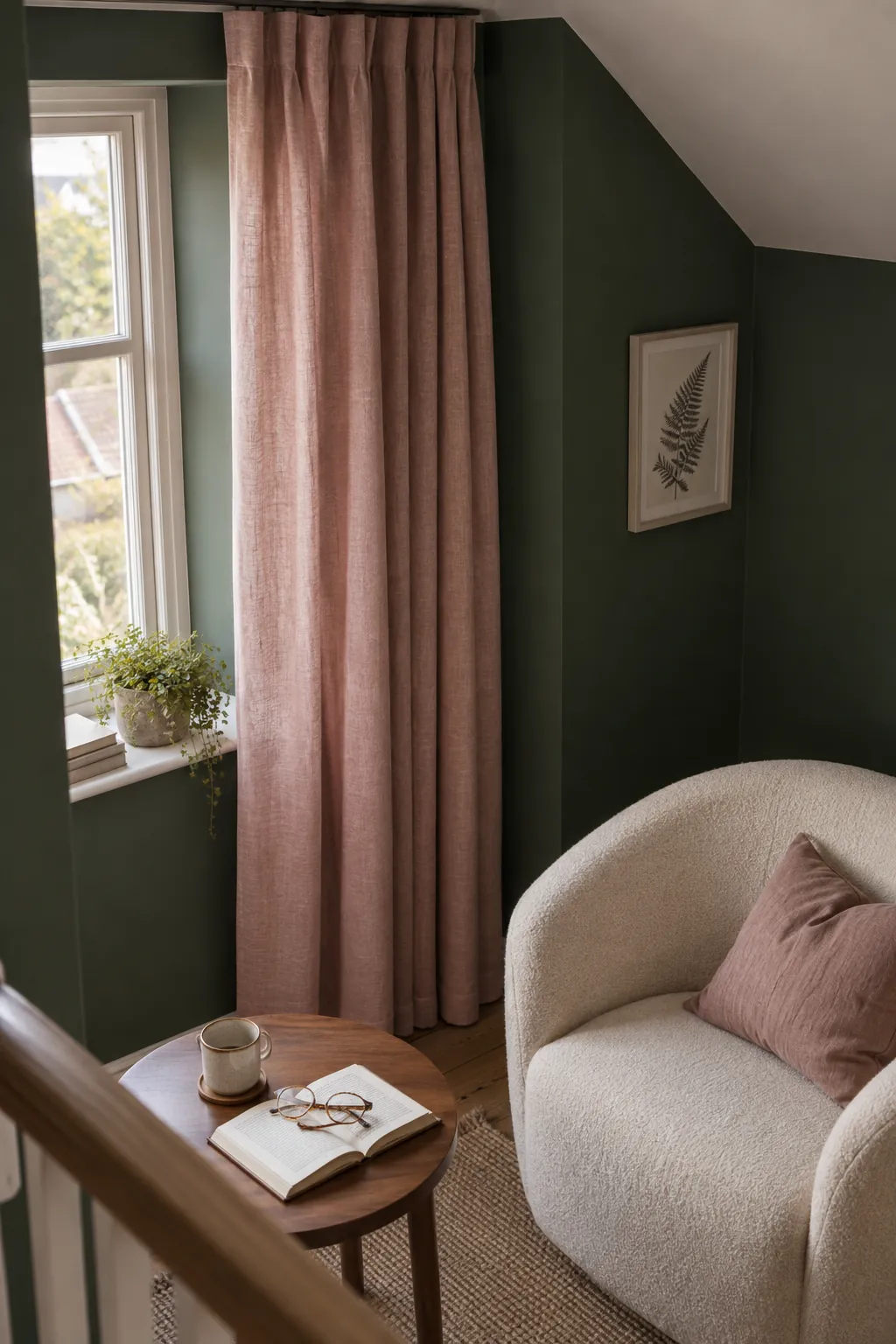 Dusty rose in a dark green reading corner