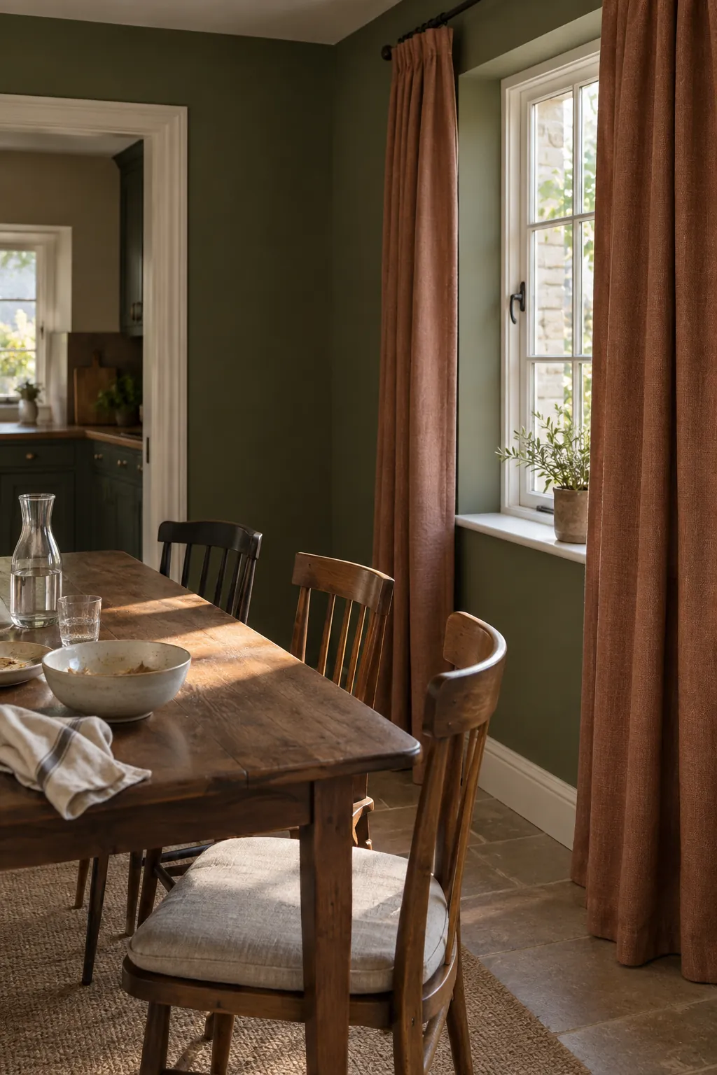 Muted terracotta at an olive green dining window