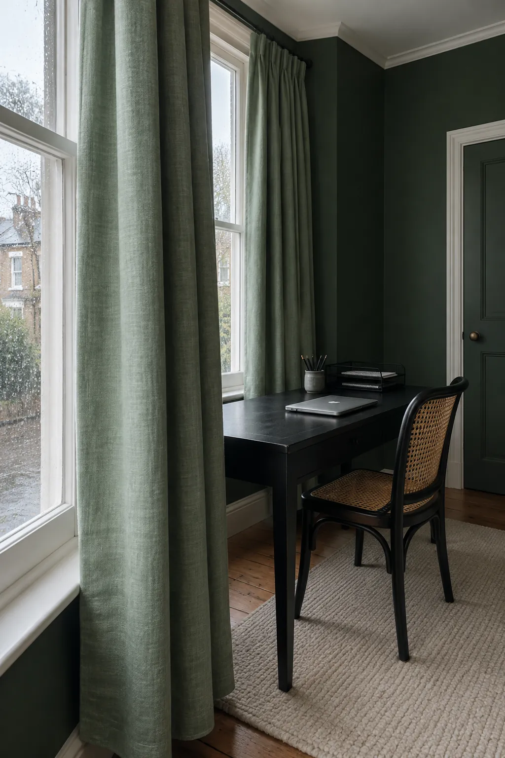Tonal green curtains in a compact study