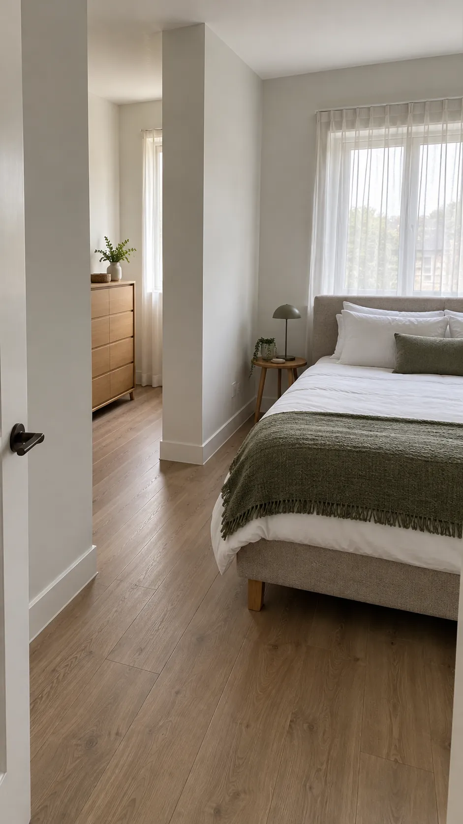 L shaped bedroom with a clear passage between the bed and dressing recess