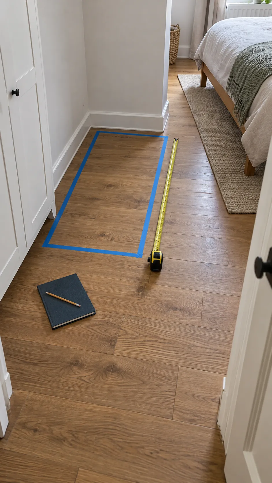 Painter tape outlines a furniture footprint beside the inside corner of an L shaped bedroom
