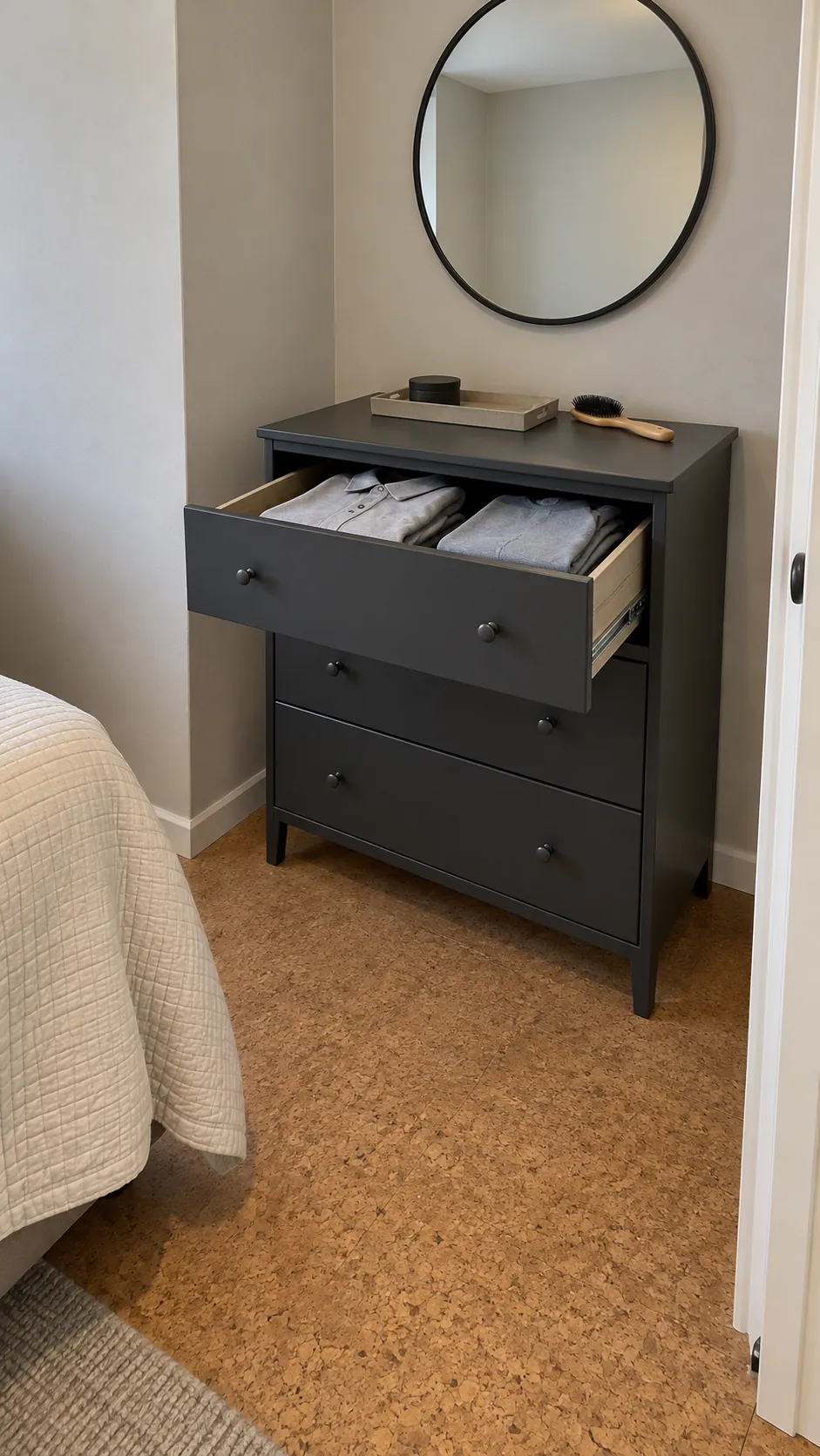 Shallow dresser with an open drawer beside the short return wall of a bedroom