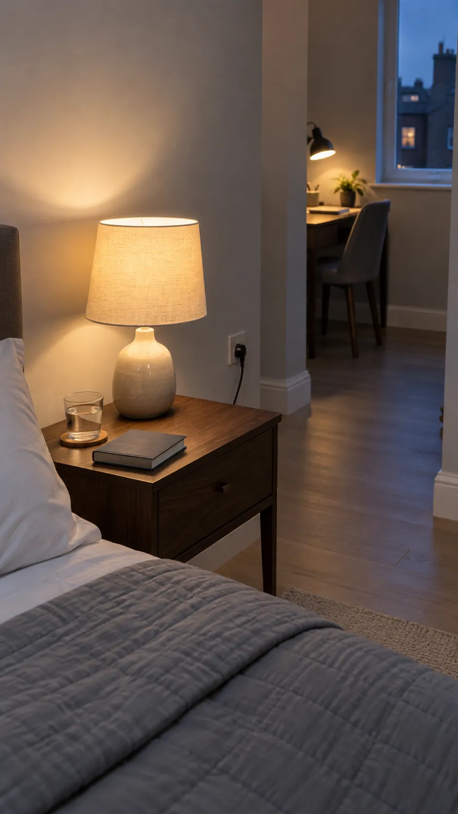 Shielded bedside lamp lights a clear walkway in a compact bedroom at dusk