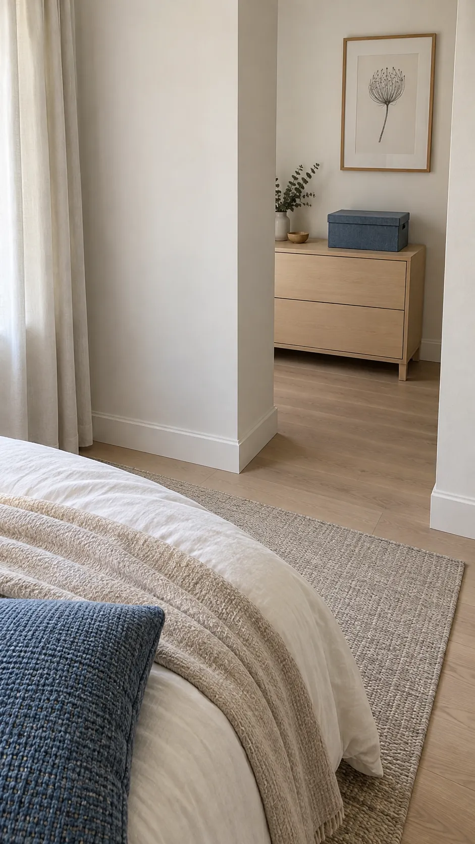 Muted blue textiles and pale walls connect the bed area with a separate dressing corner