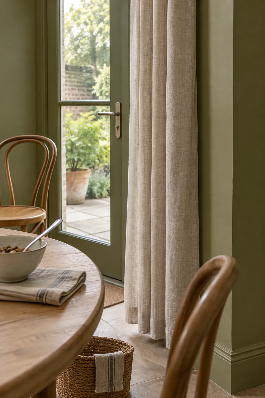 Flax linen at an olive green breakfast alcove
