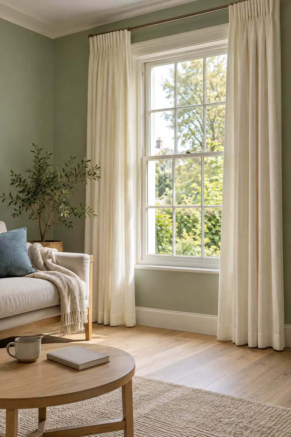 Ivory curtains in a sage green living room