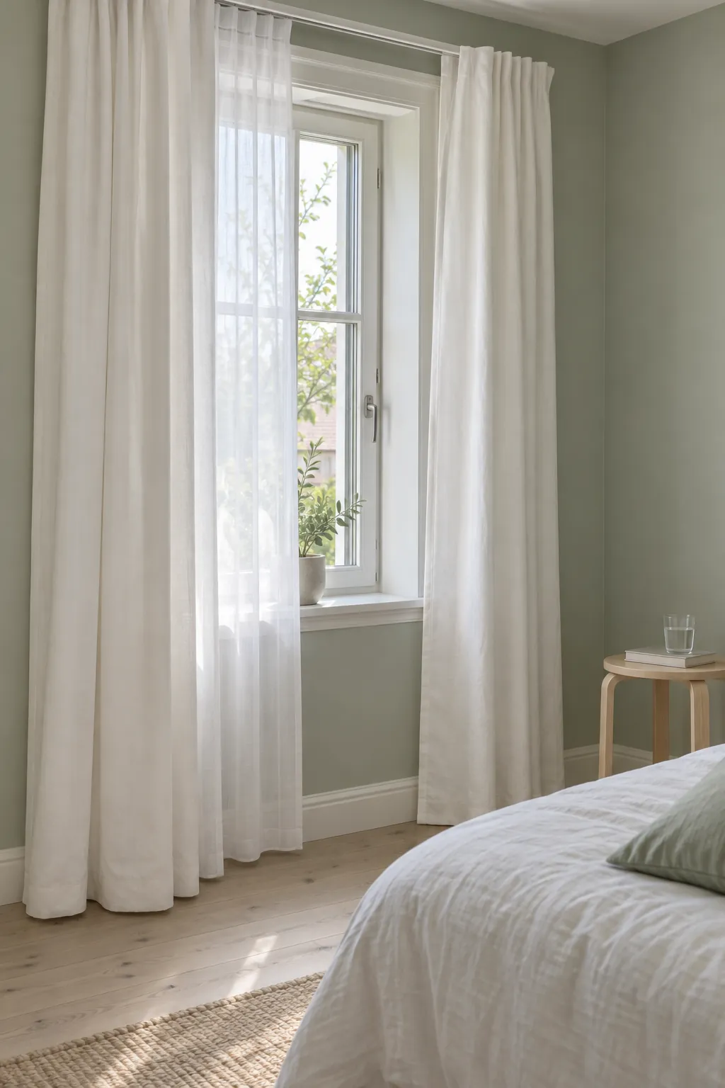White curtains around a pale sage bedroom window