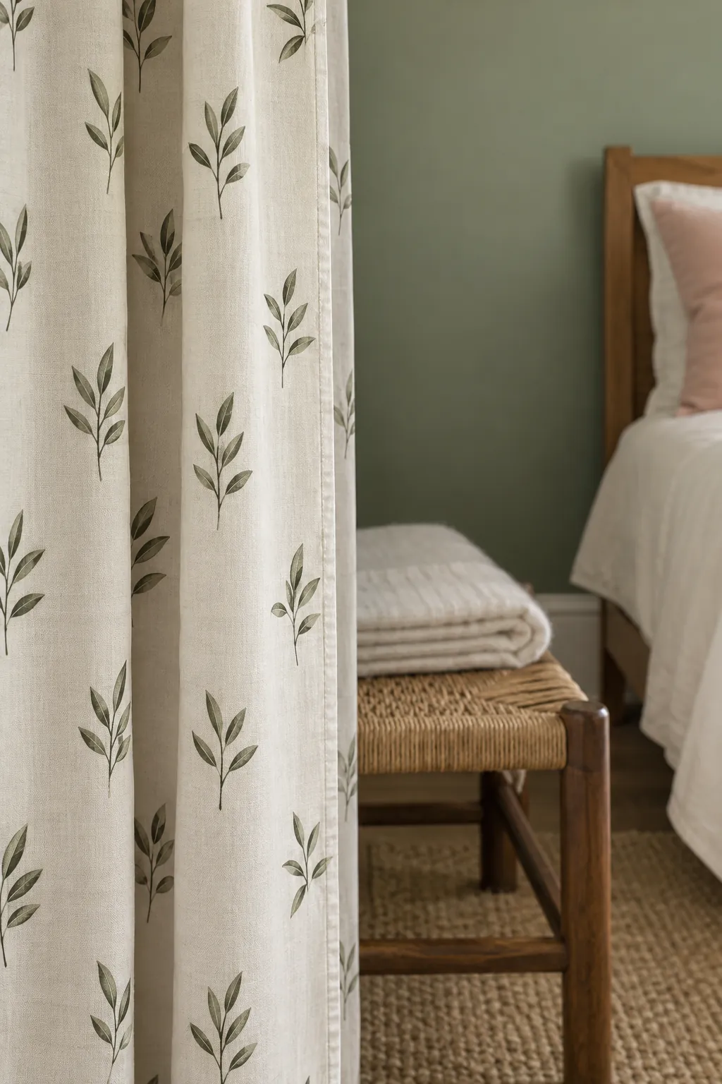 A restrained botanical curtain joins green and cream