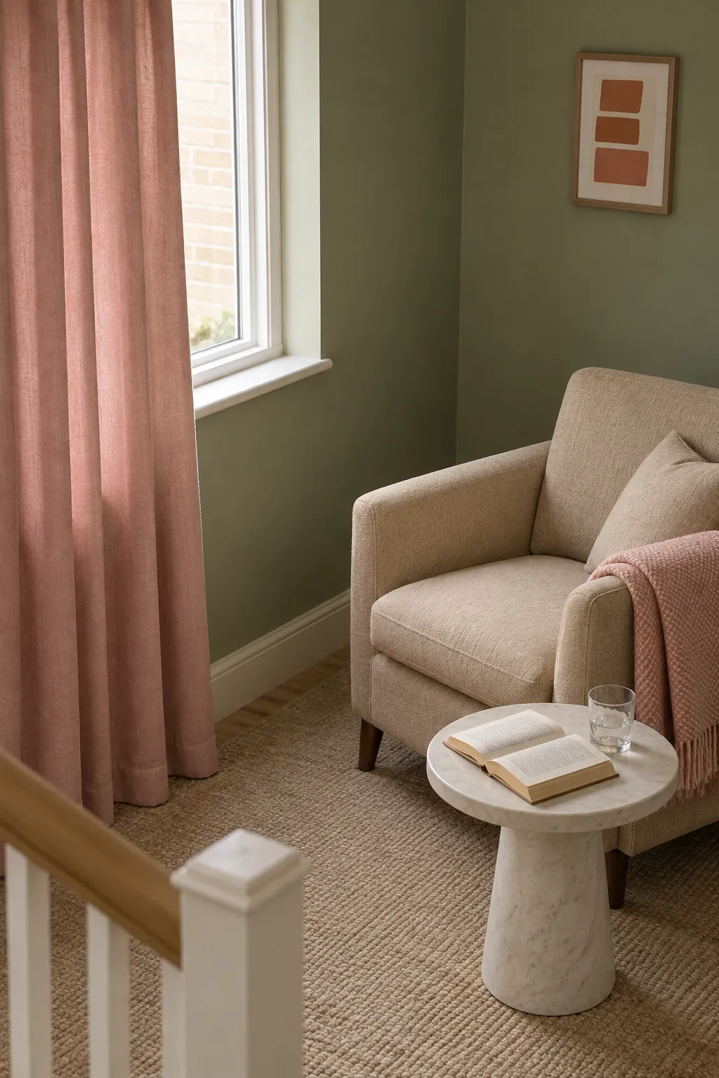 Dusty rose softens a sage green nook