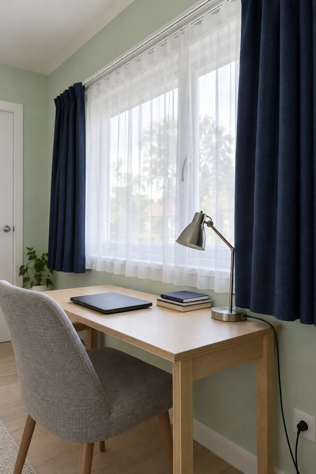 Navy curtains give pale mint walls definition