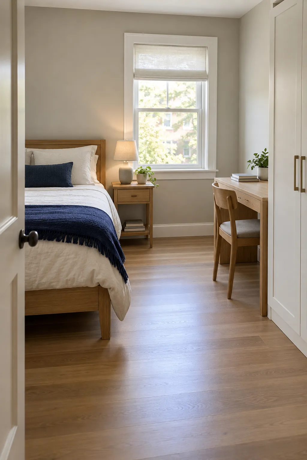 Small bedroom arranged with a slim bed, storage and a desk beside a clear route
