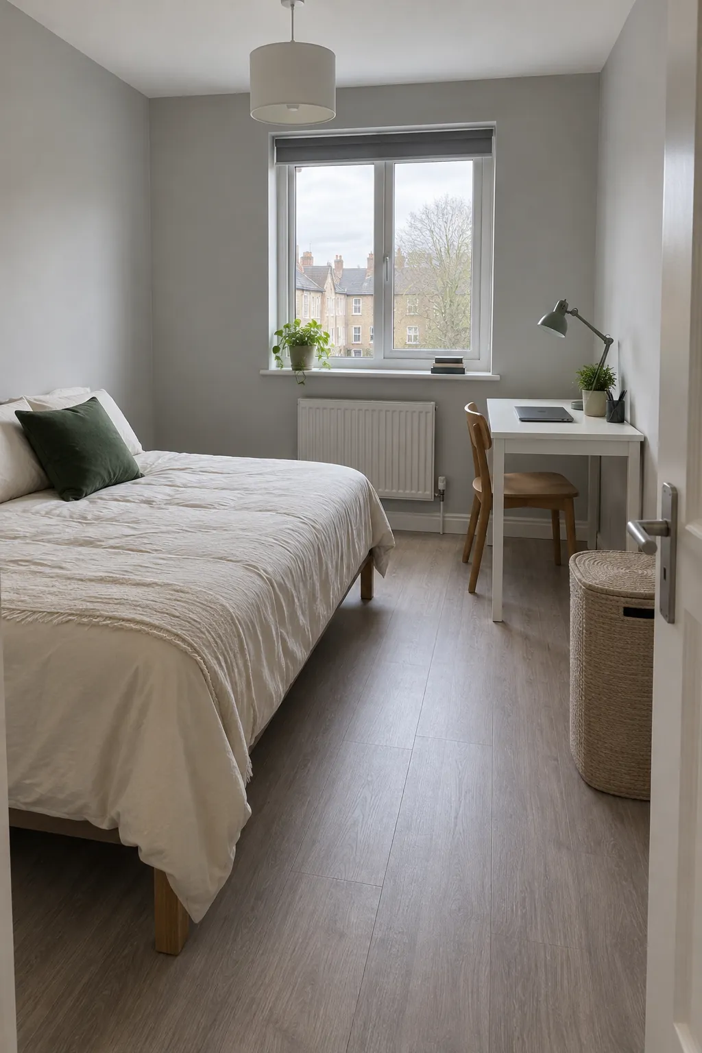 Compact bedroom with a bed and small desk separated by a clear walking route