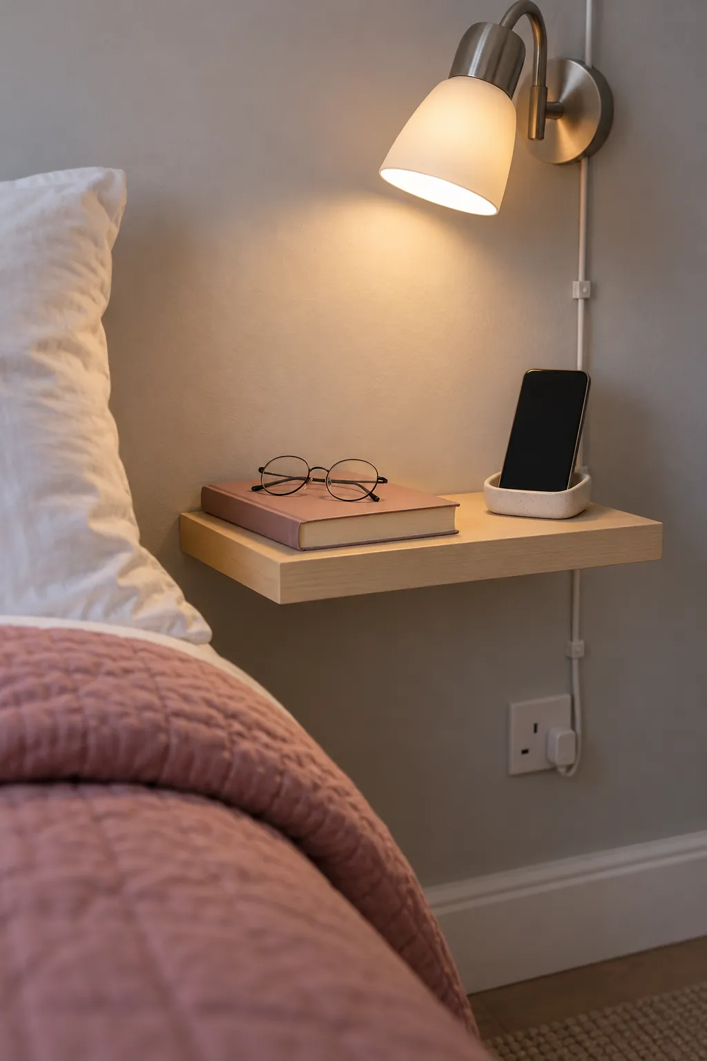 Small floating bedside shelf with a book and shielded reading light