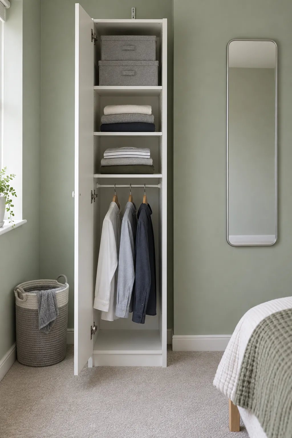 Anchored tall cabinet with everyday clothing at accessible height