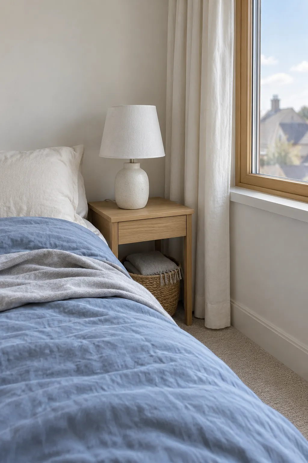 Quiet blue bedroom palette with daylight and a compact bedside lamp
