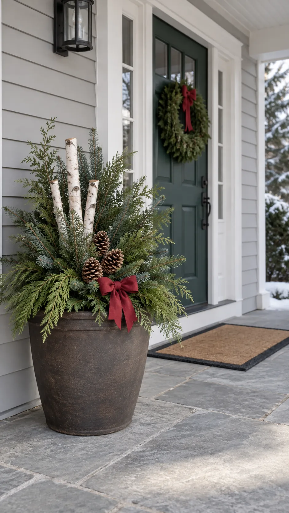 Outdoor Christmas porch planter with evergreen branches beside an open entry