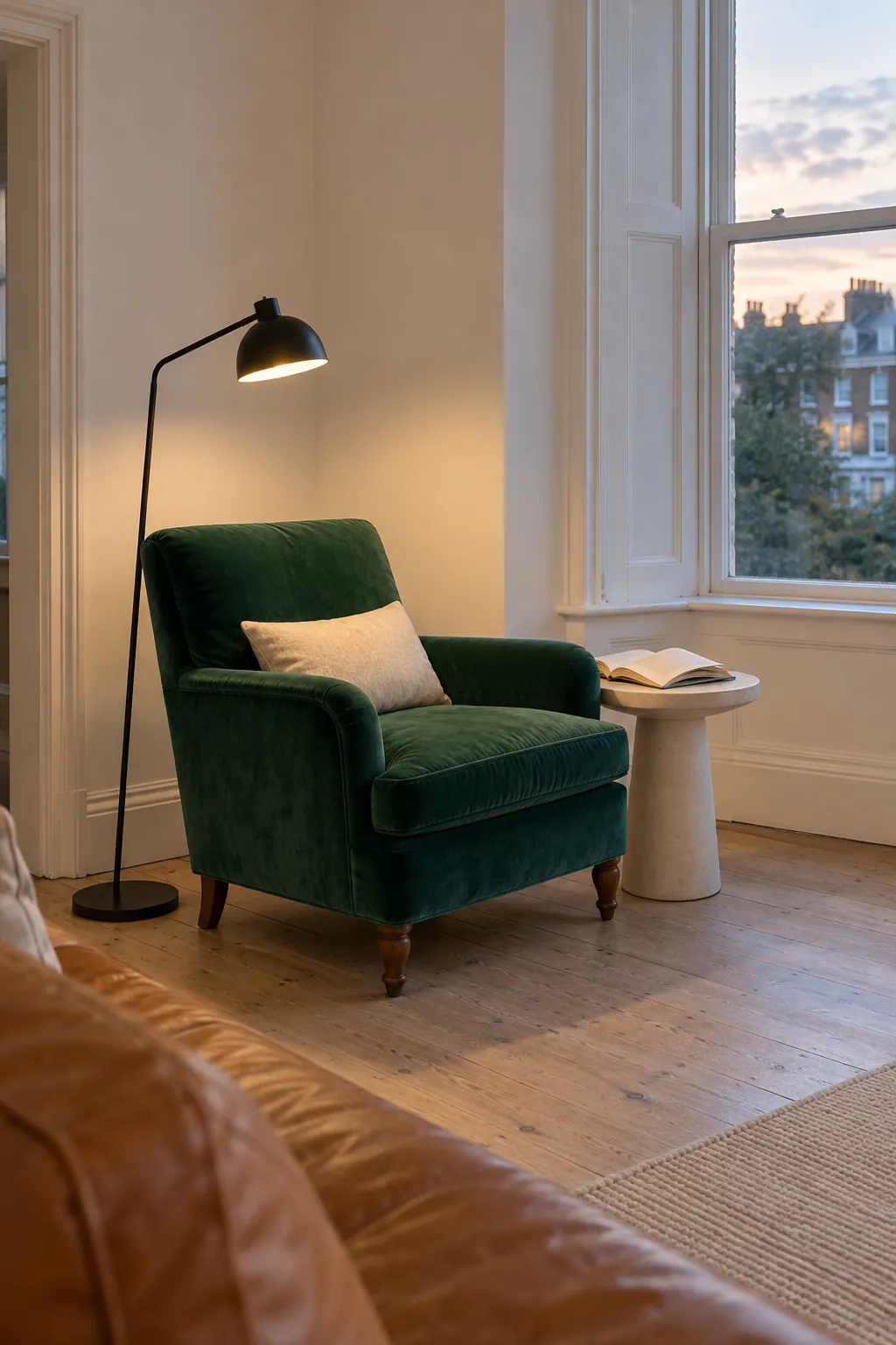 An emerald chair reads as a separate functional seat in a reading corner