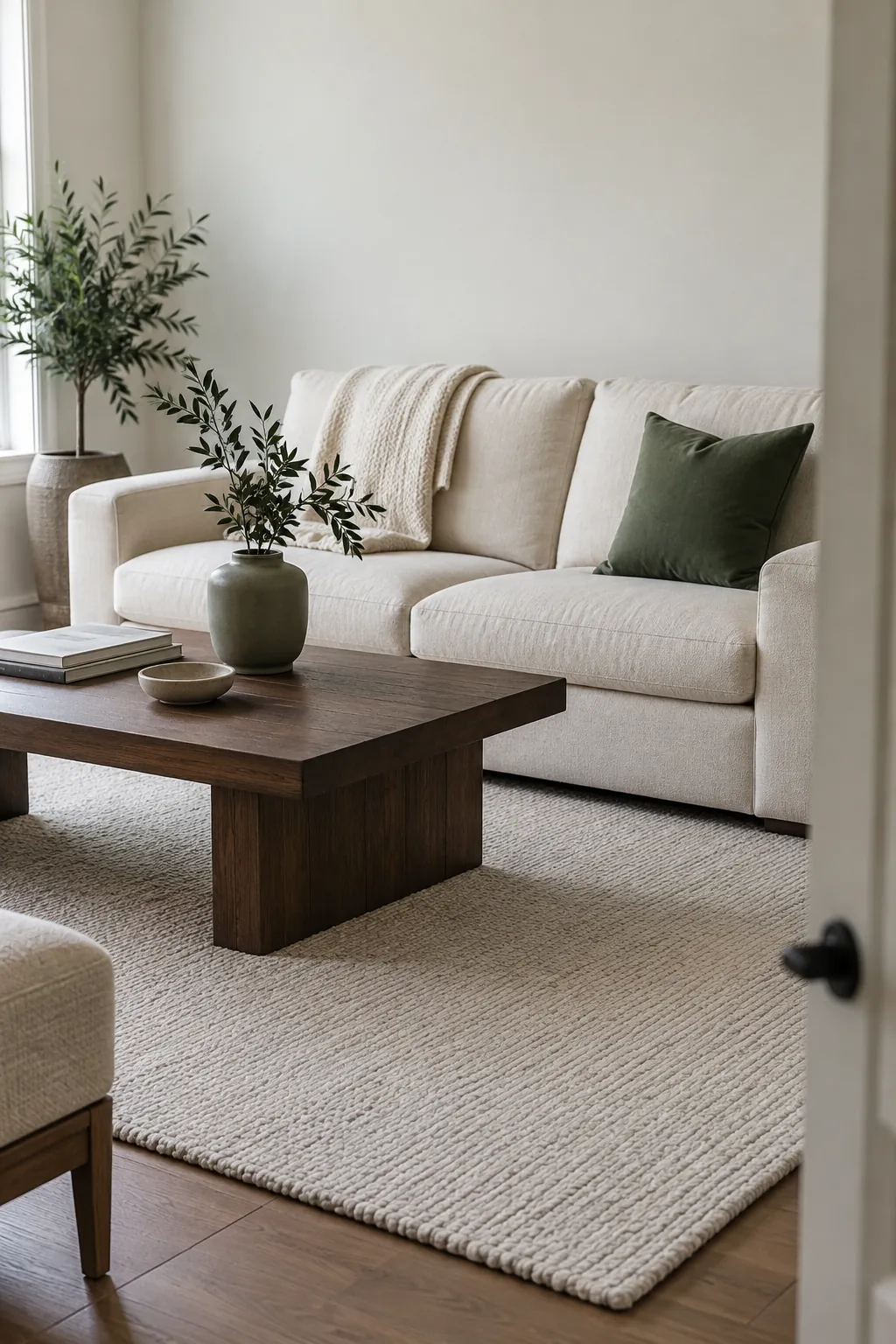 Green cushion and sage vase in a neutral living room