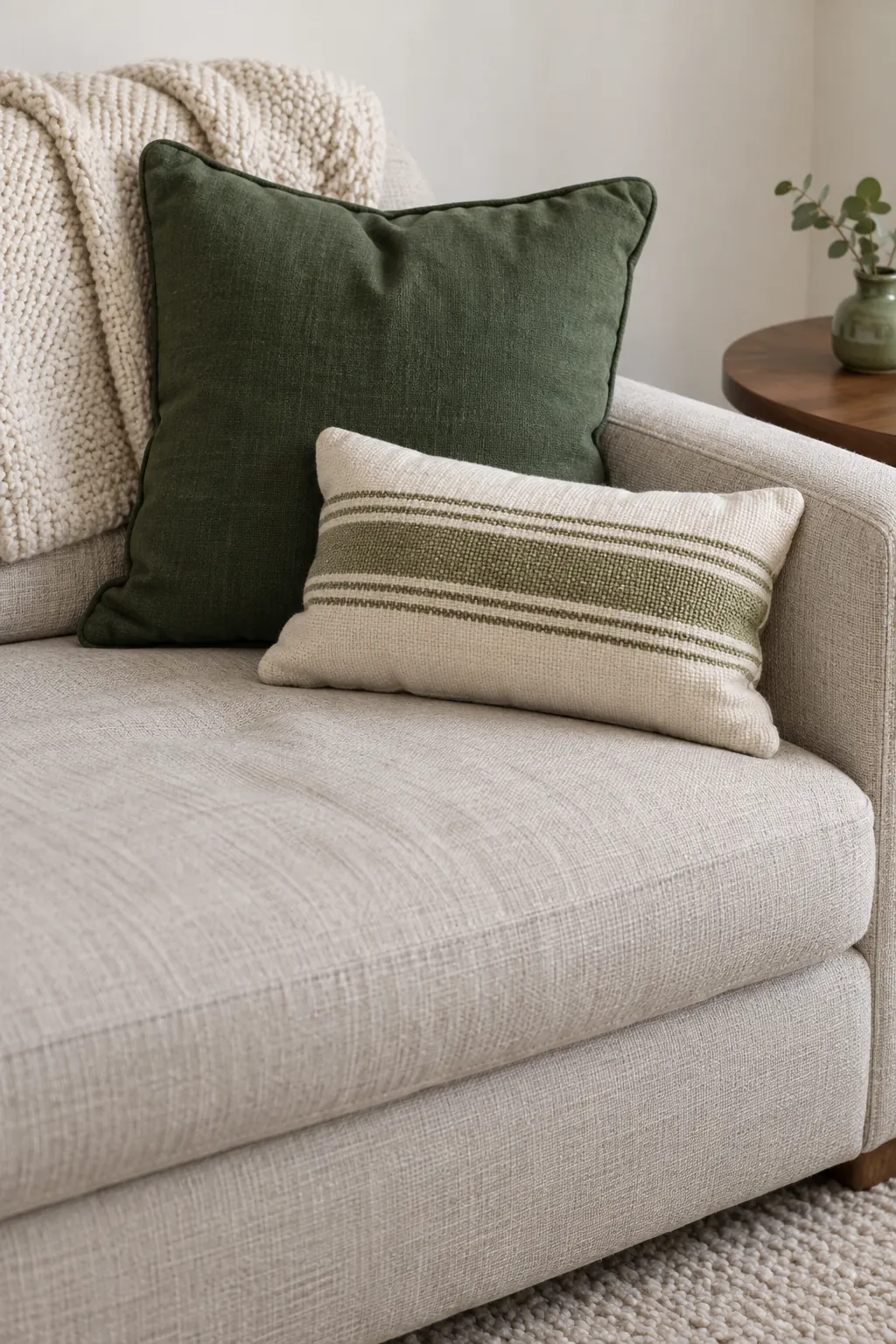 Make varied green cushion textures readable on a neutral sofa