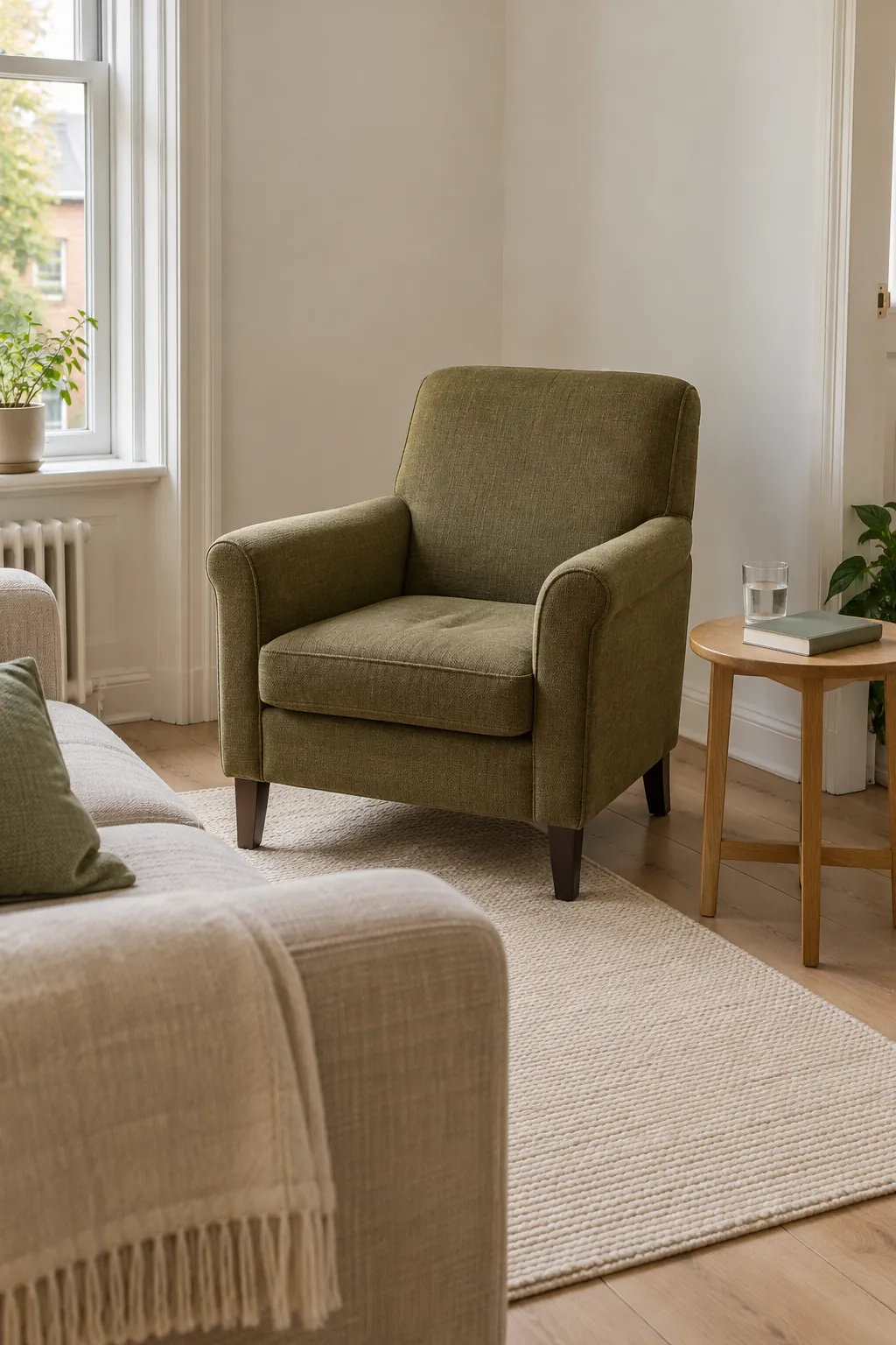 Show an olive chair giving green one clear role in a neutral living room