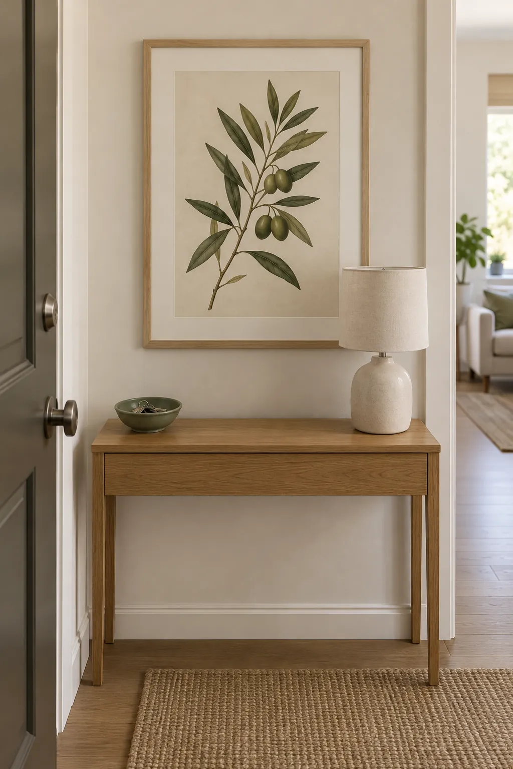 A specific green botanical artwork connects a small neutral entry area
