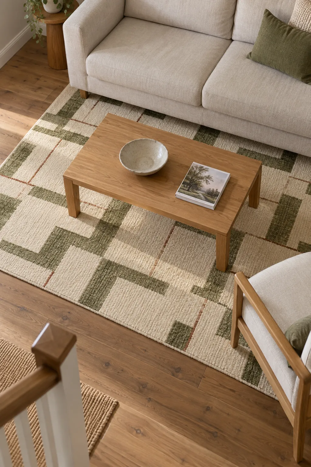 A green patterned rug connects neutral seating at floor level