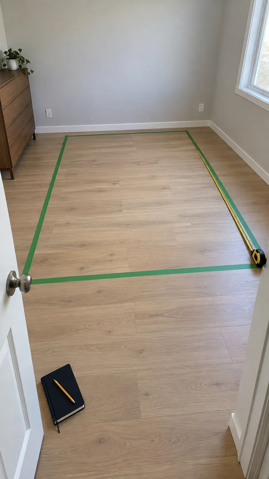Tape outlines the full king bed frame footprint on a bedroom floor