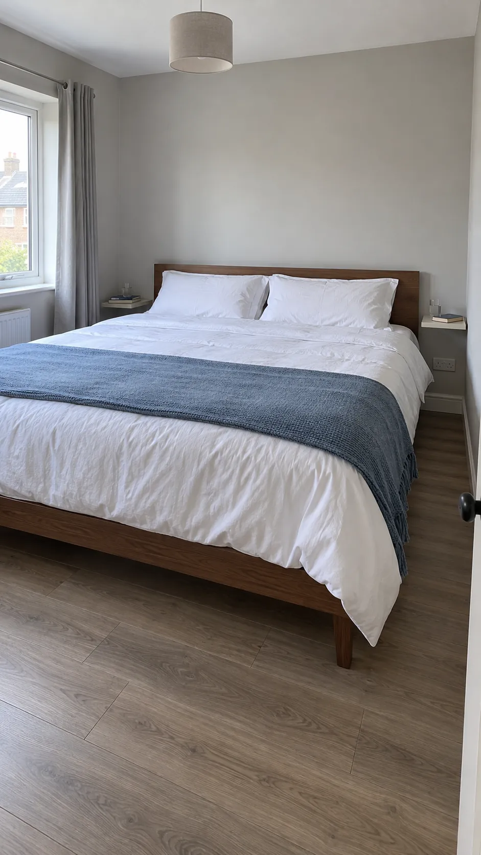 King bed with narrow usable routes on both sides and no bench at the foot