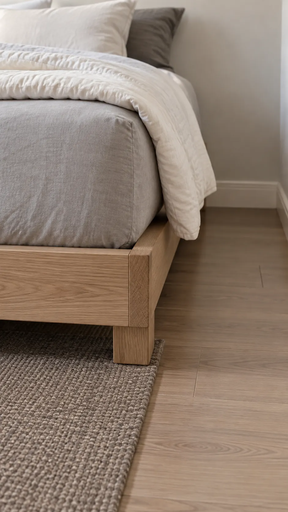 Close view of a slim king bed rail and modest mattress height