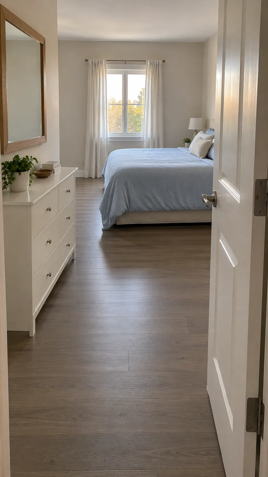 Open bedroom door reveals a clear path around a king bed and shallow dresser