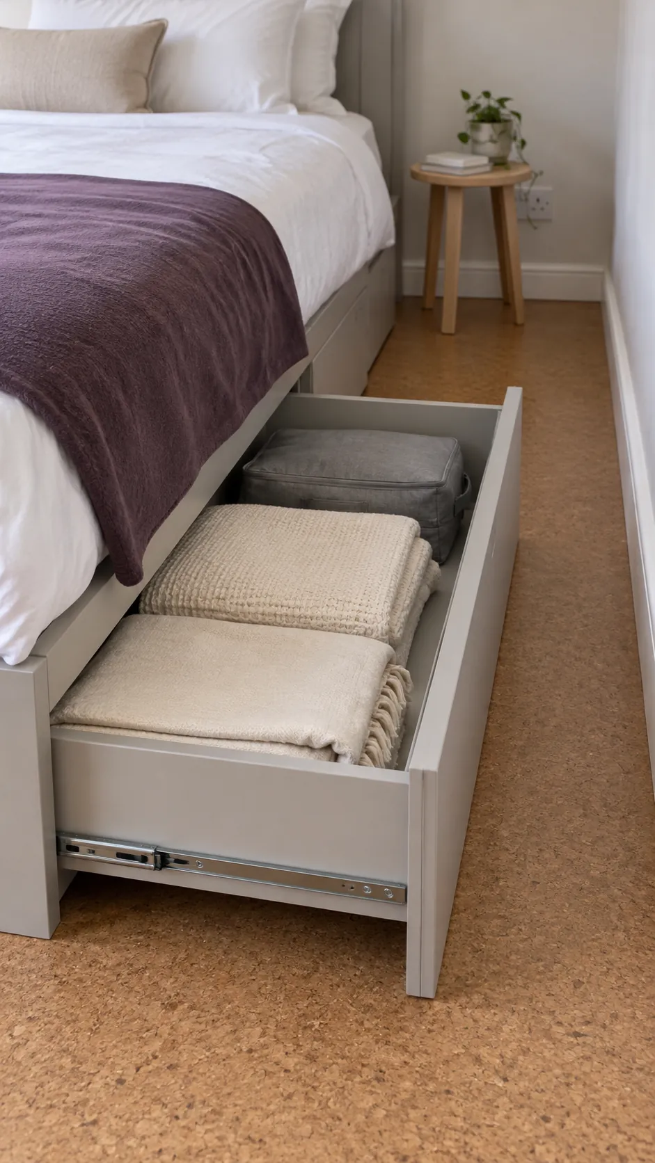Storage drawer opens fully into a clear strip beside a king bed